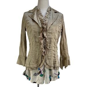 Javier Simorra Silk Jacket Tan Neutral Long Sleeves Ruffles